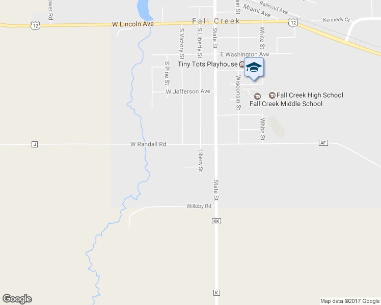 map of restaurants, bars, coffee shops, grocery stores, and more near 835 South Liberty Street in Fall Creek