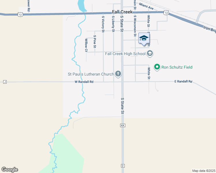 map of restaurants, bars, coffee shops, grocery stores, and more near 835 South Liberty Street in Fall Creek