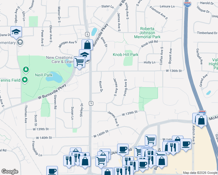 map of restaurants, bars, coffee shops, grocery stores, and more near 13628 James Avenue South in Burnsville
