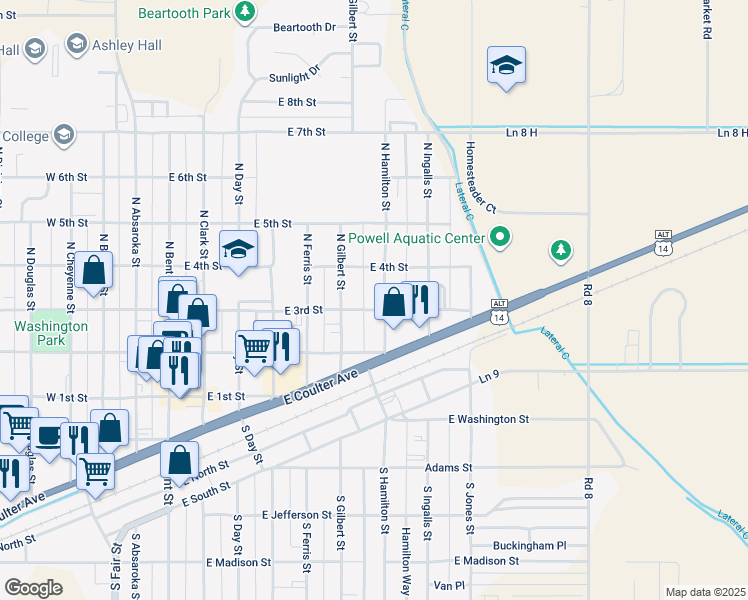 map of restaurants, bars, coffee shops, grocery stores, and more near 762 East 3rd Street in Powell