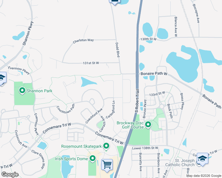 map of restaurants, bars, coffee shops, grocery stores, and more near 13353 Carlingford Lane in Rosemount