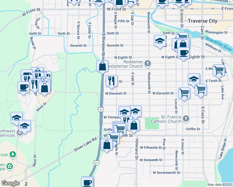 map of restaurants, bars, coffee shops, grocery stores, and more near South Maple Street in Traverse City