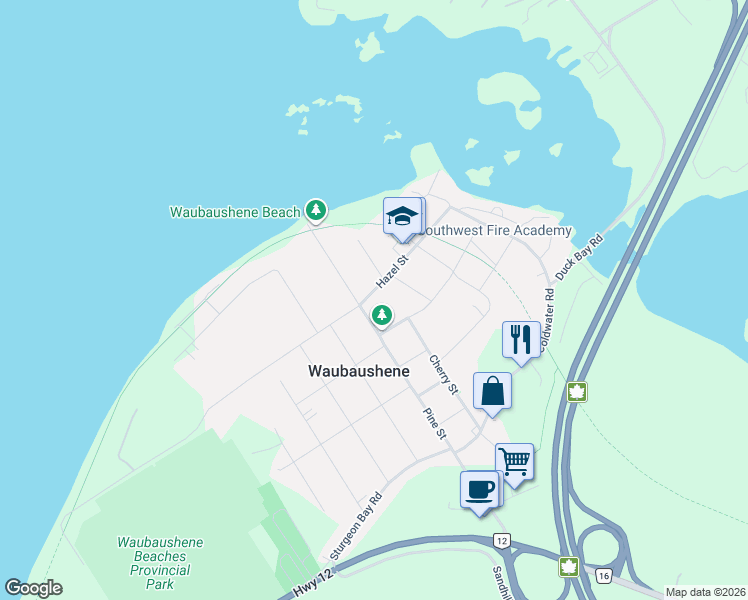 map of restaurants, bars, coffee shops, grocery stores, and more near 75 Hazel Street in Waubaushene