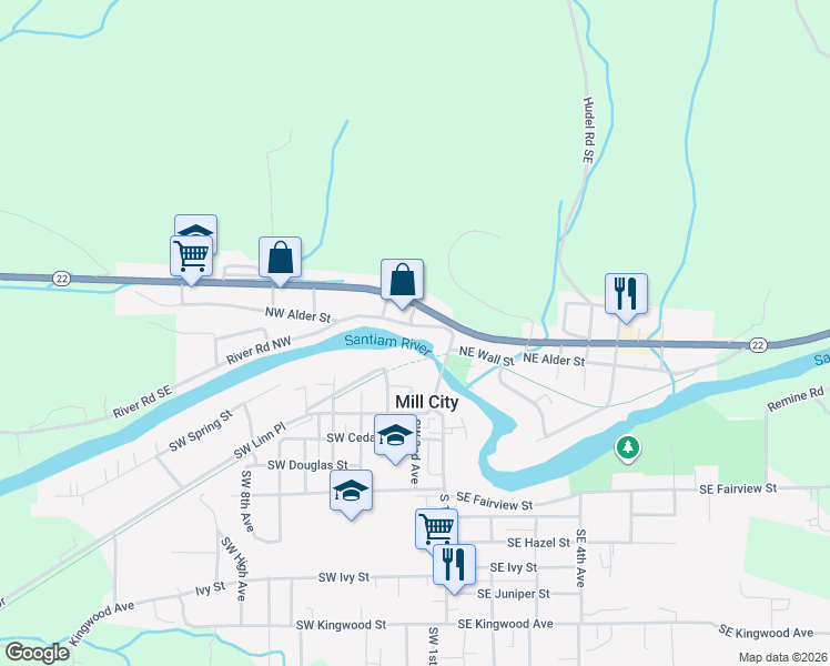 map of restaurants, bars, coffee shops, grocery stores, and more near 192 Northeast Alder Street in Mill City