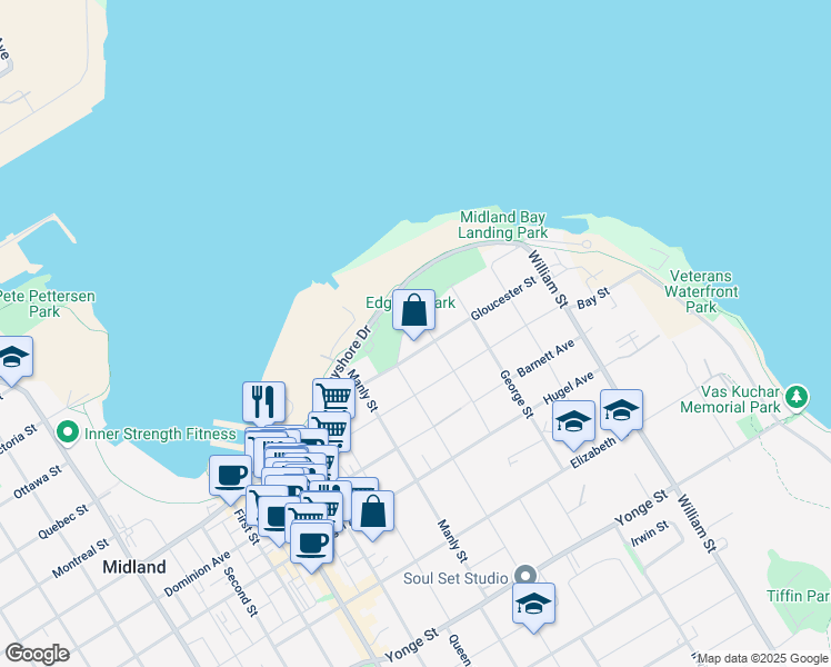 map of restaurants, bars, coffee shops, grocery stores, and more near 174 Charles Street in Midland