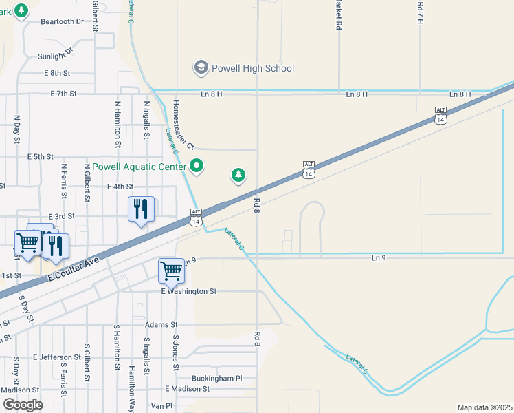 map of restaurants, bars, coffee shops, grocery stores, and more near 880 Road 8 in Powell