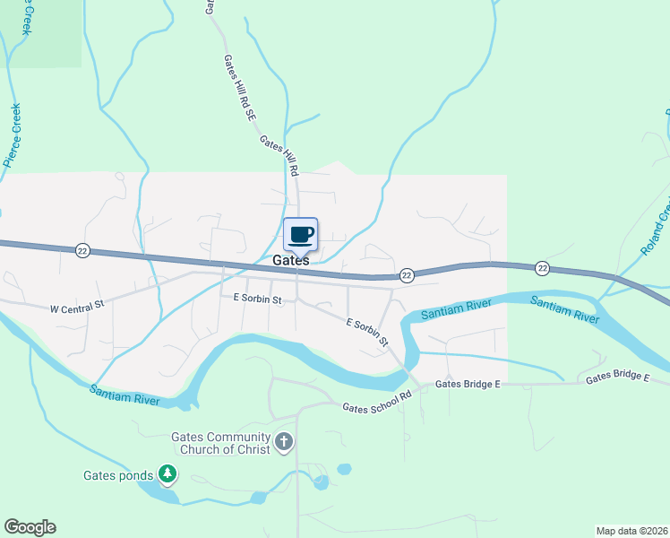 map of restaurants, bars, coffee shops, grocery stores, and more near 123 North Santiam Highway West in Gates