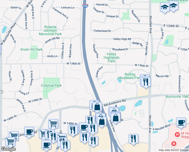 map of restaurants, bars, coffee shops, grocery stores, and more near 13610 Grand Avenue in Burnsville