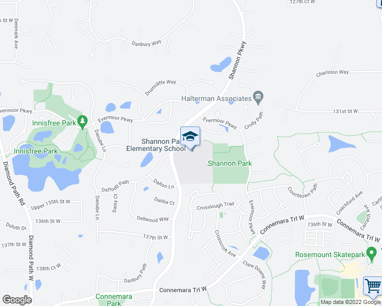 map of restaurants, bars, coffee shops, grocery stores, and more near 13501 Shannon Parkway in Rosemount