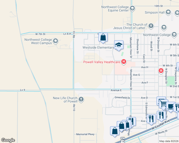 map of restaurants, bars, coffee shops, grocery stores, and more near in Powell