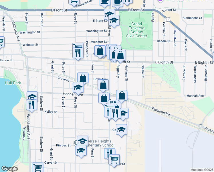 map of restaurants, bars, coffee shops, grocery stores, and more near 632 South Garfield Avenue in Traverse City