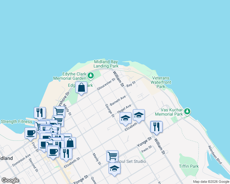 map of restaurants, bars, coffee shops, grocery stores, and more near 251 Bay Street in Midland