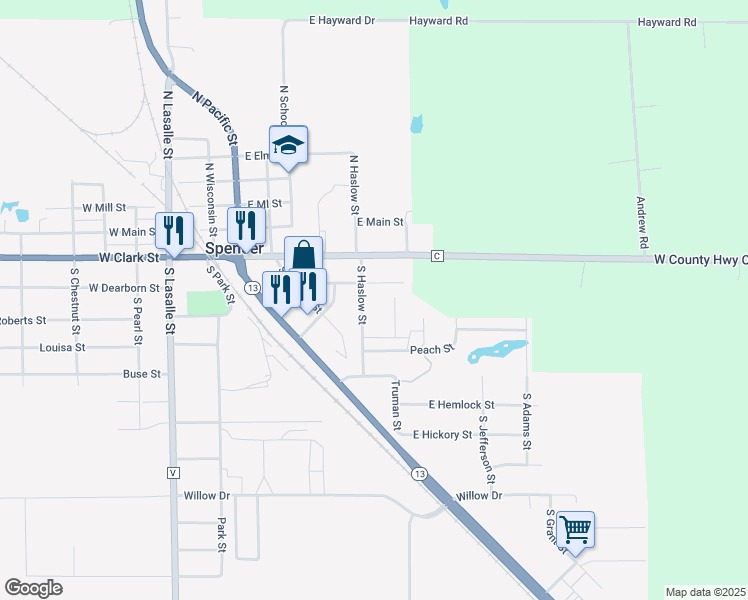 map of restaurants, bars, coffee shops, grocery stores, and more near 210 South Haslow Street in Spencer