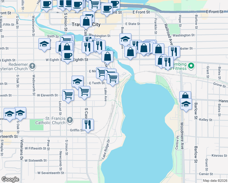 map of restaurants, bars, coffee shops, grocery stores, and more near Boardman Lake trail in Traverse City