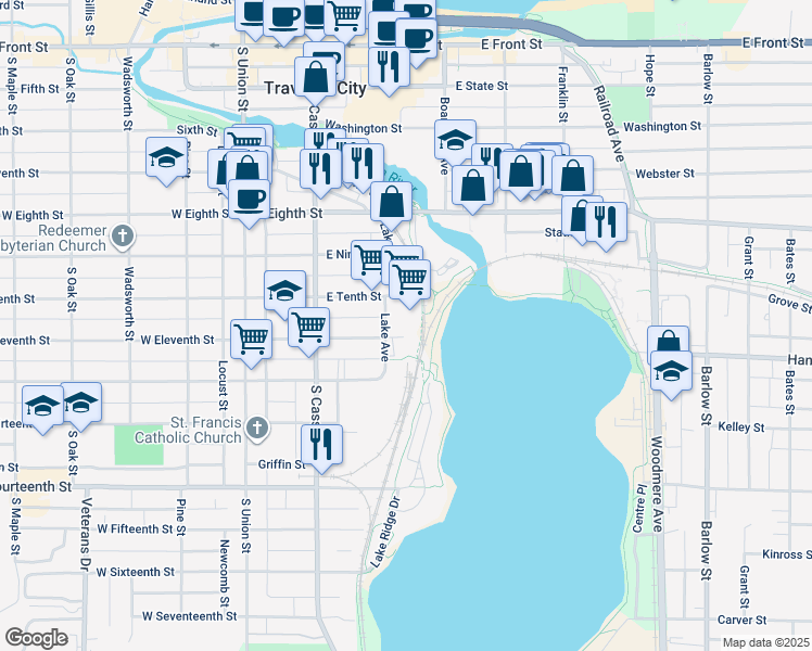 map of restaurants, bars, coffee shops, grocery stores, and more near Boardman Lake trail in Traverse City