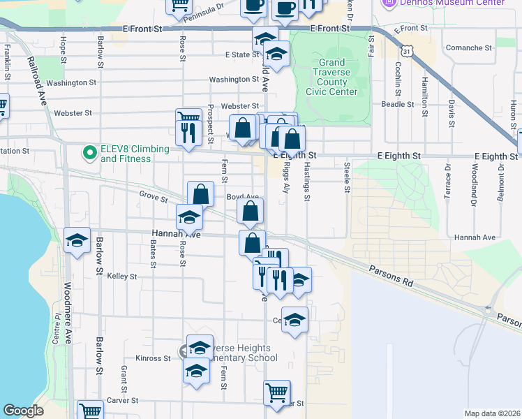 map of restaurants, bars, coffee shops, grocery stores, and more near 630 South Garfield Avenue in Traverse City