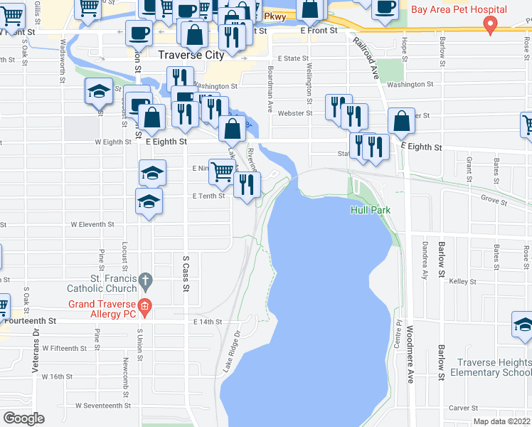 map of restaurants, bars, coffee shops, grocery stores, and more near Boardman Lake trail in Traverse City