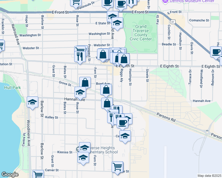 map of restaurants, bars, coffee shops, grocery stores, and more near 630 South Garfield Avenue in Traverse City