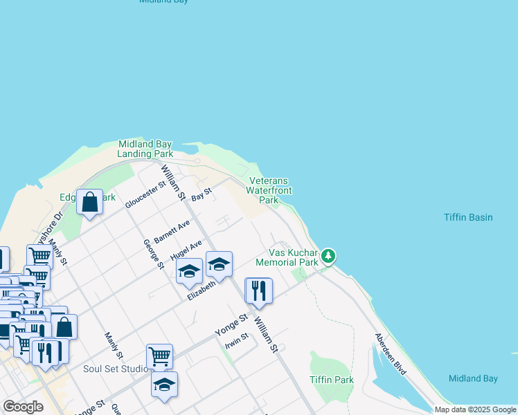 map of restaurants, bars, coffee shops, grocery stores, and more near 281 Aberdeen Boulevard in Midland