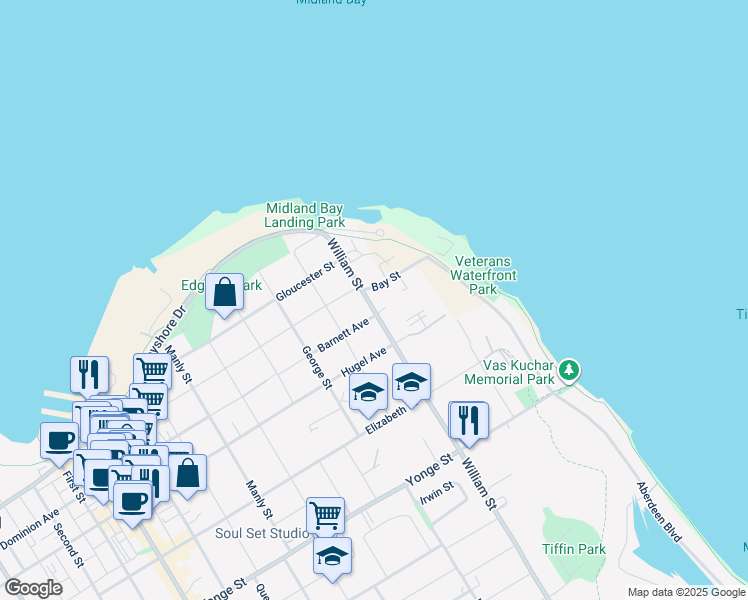 map of restaurants, bars, coffee shops, grocery stores, and more near 200 Bay Street in Midland