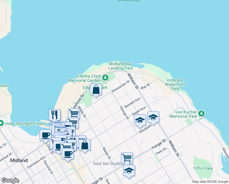 map of restaurants, bars, coffee shops, grocery stores, and more near in Midland