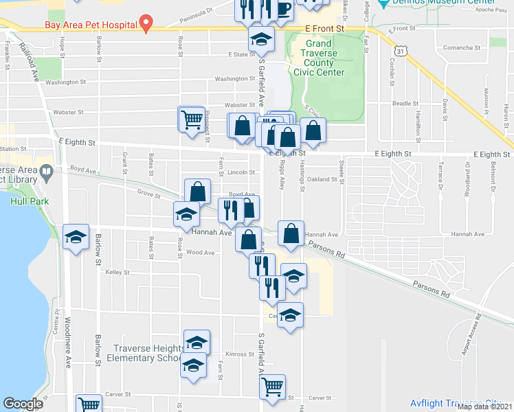 map of restaurants, bars, coffee shops, grocery stores, and more near 544 South Garfield Avenue in Traverse City