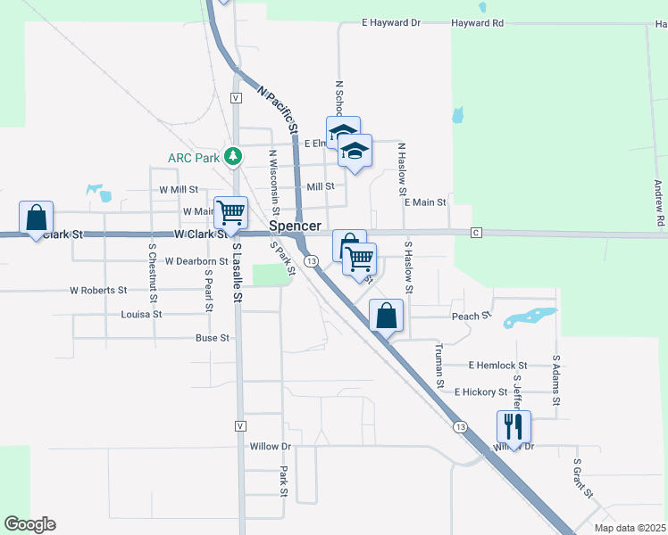 map of restaurants, bars, coffee shops, grocery stores, and more near 309 East Clark Street in Spencer