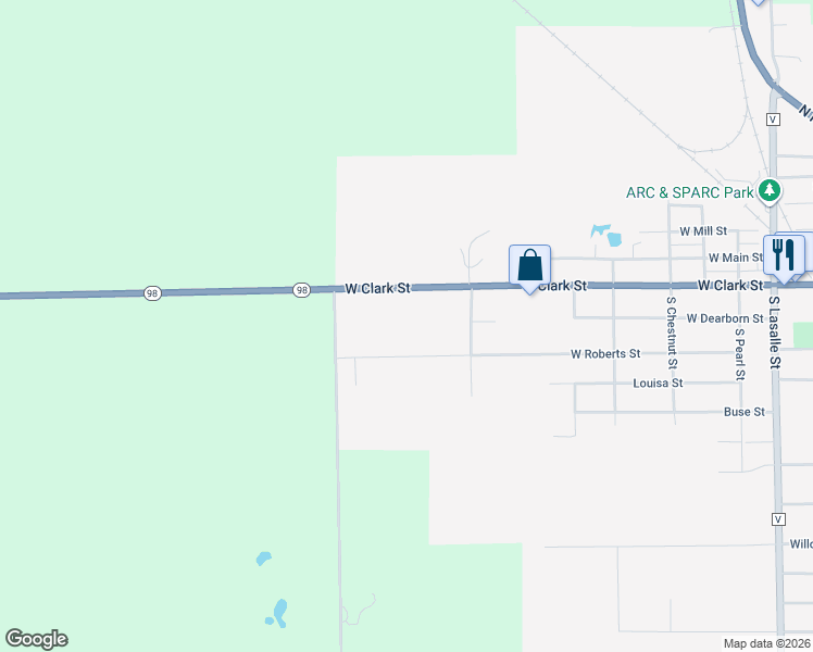 map of restaurants, bars, coffee shops, grocery stores, and more near 715 West Clark Street in Spencer