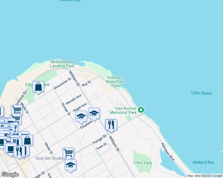 map of restaurants, bars, coffee shops, grocery stores, and more near 281 Aberdeen Boulevard in Midland