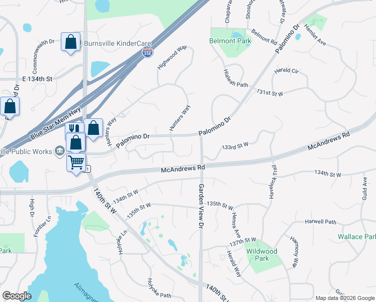 map of restaurants, bars, coffee shops, grocery stores, and more near 13387 Huntington Circle in Apple Valley