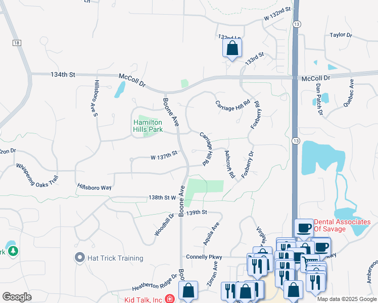 map of restaurants, bars, coffee shops, grocery stores, and more near 13600 Ashcroft Road in Savage