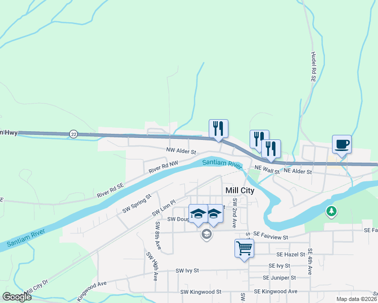 map of restaurants, bars, coffee shops, grocery stores, and more near Northwest Alder Street in Mill City