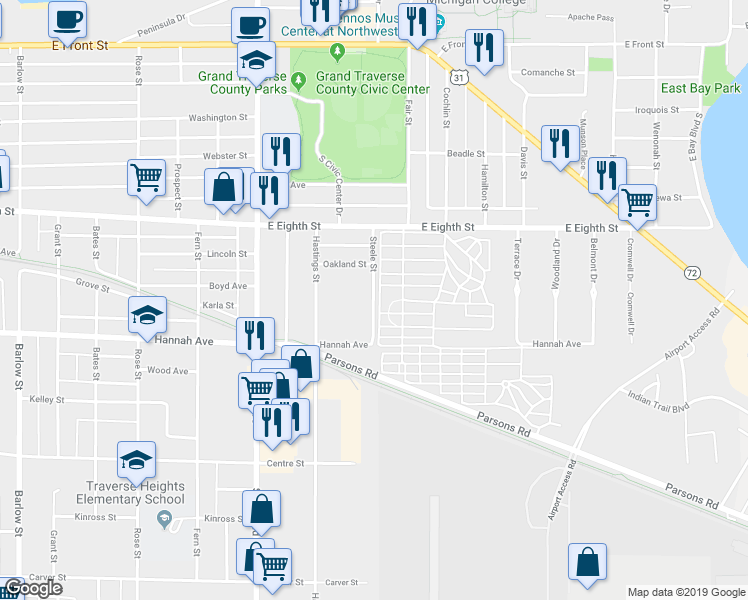 map of restaurants, bars, coffee shops, grocery stores, and more near 514 Steele Street in Traverse City