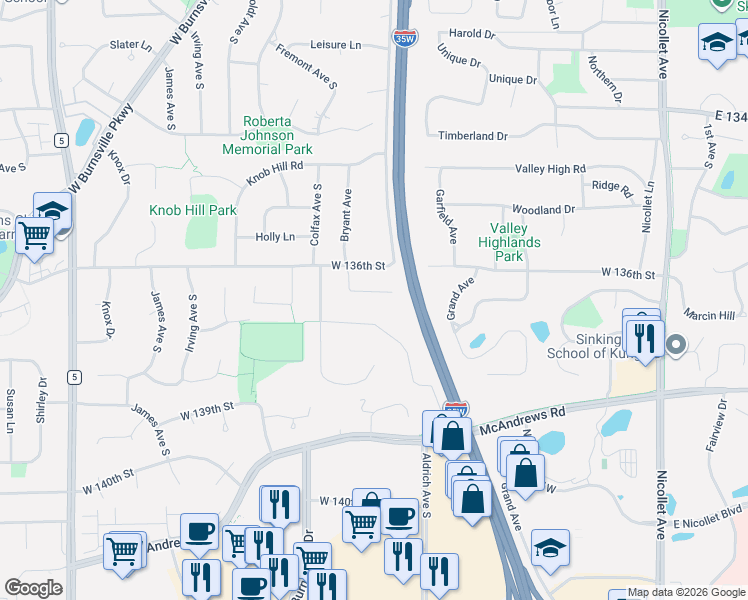 map of restaurants, bars, coffee shops, grocery stores, and more near 801 West 136th Street in Burnsville