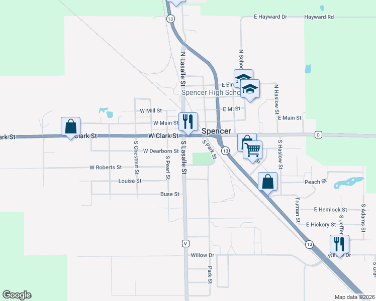 map of restaurants, bars, coffee shops, grocery stores, and more near 117 1/2 East Clark Street in Spencer