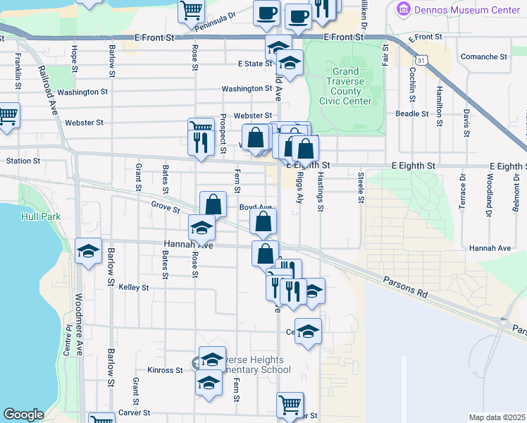 map of restaurants, bars, coffee shops, grocery stores, and more near 544 South Garfield Avenue in Traverse City