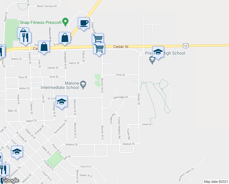 map of restaurants, bars, coffee shops, grocery stores, and more near 716 Shane Park Circle in Prescott