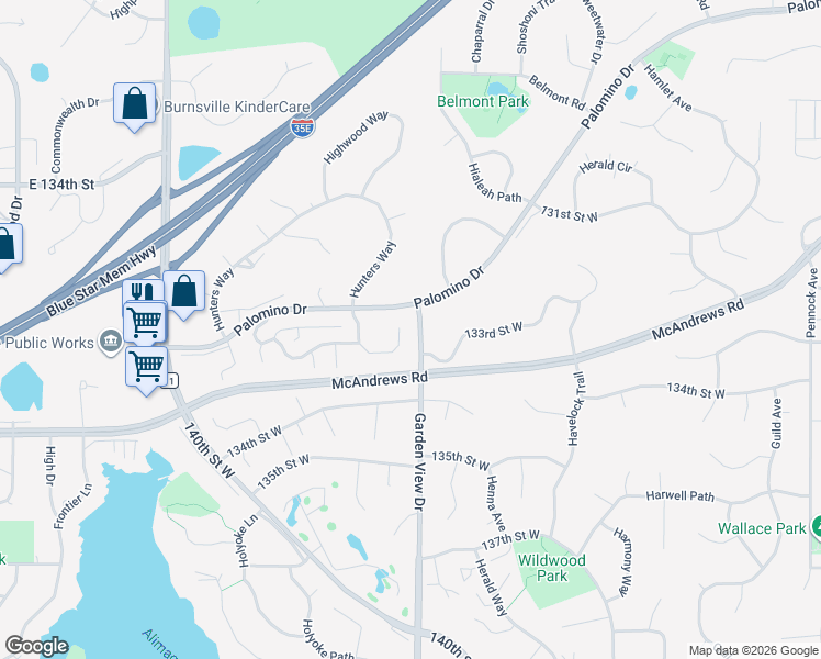 map of restaurants, bars, coffee shops, grocery stores, and more near 13387 Huntington Circle in Apple Valley