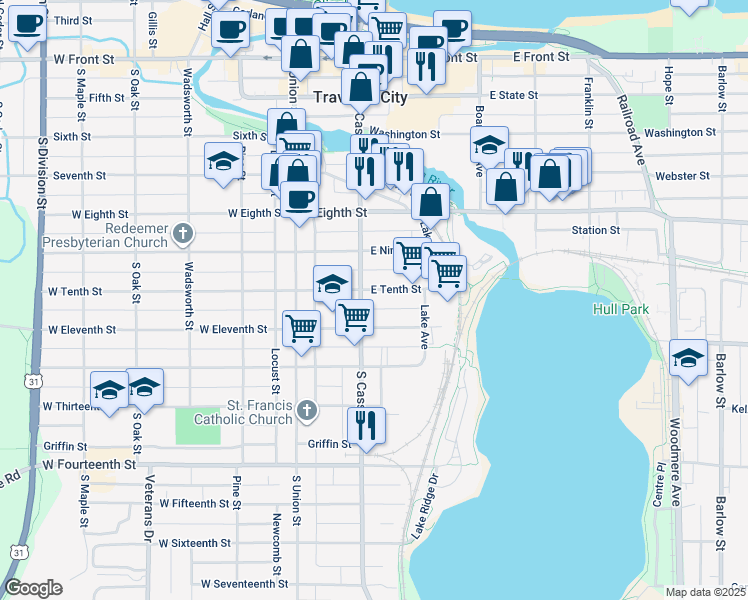 map of restaurants, bars, coffee shops, grocery stores, and more near 218 East Tenth Street in Traverse City