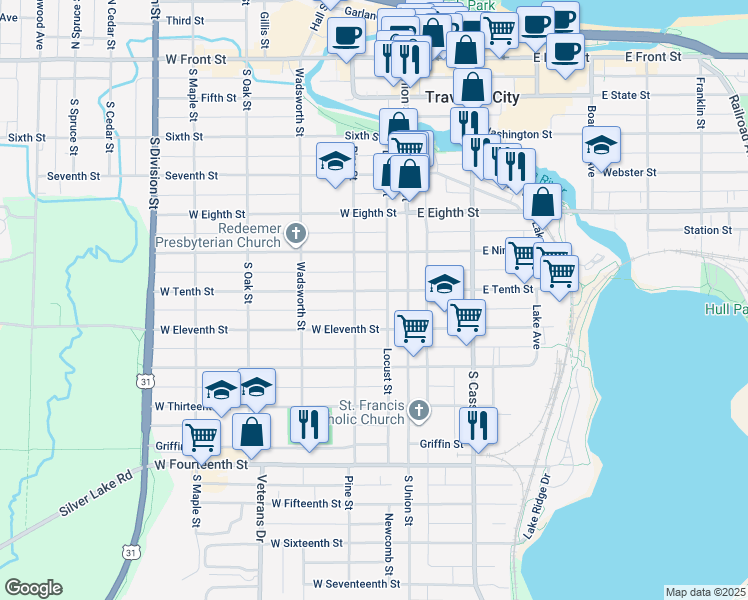 map of restaurants, bars, coffee shops, grocery stores, and more near 118 West Tenth Street in Traverse City