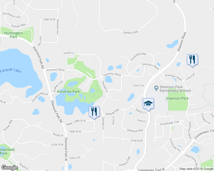 map of restaurants, bars, coffee shops, grocery stores, and more near 13318 Danube Lane in Rosemount