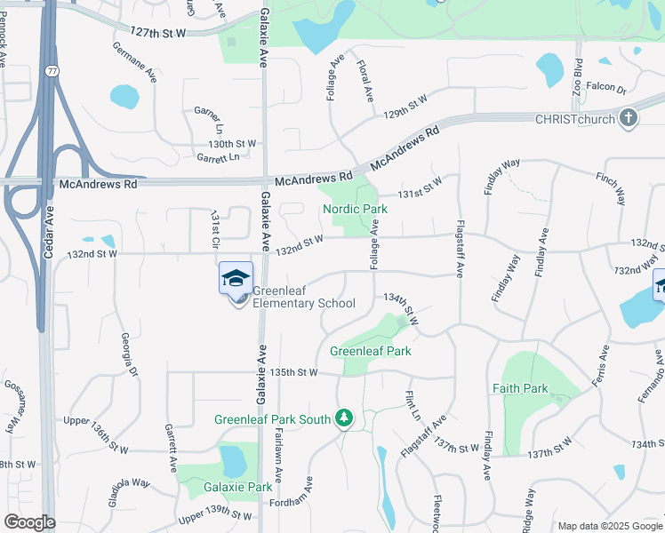 map of restaurants, bars, coffee shops, grocery stores, and more near 6839 133rd Street West in Apple Valley