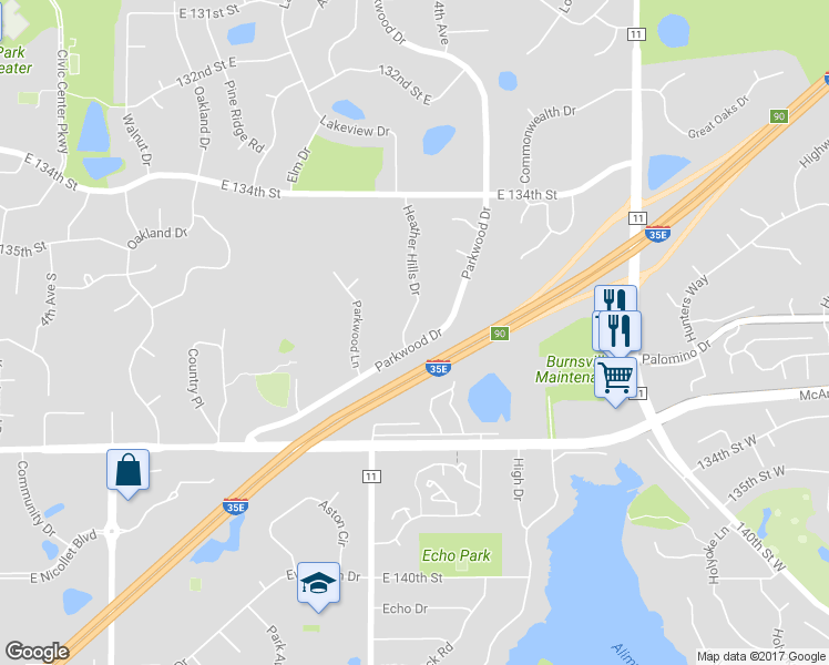 map of restaurants, bars, coffee shops, grocery stores, and more near 13761 Heather Hills Drive in Burnsville