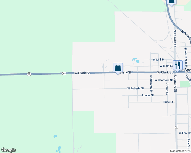 map of restaurants, bars, coffee shops, grocery stores, and more near 713 West Clark Street in Spencer