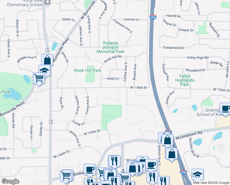map of restaurants, bars, coffee shops, grocery stores, and more near 1104 Emerson Court in Burnsville
