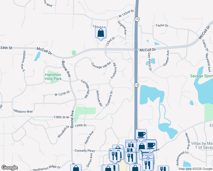map of restaurants, bars, coffee shops, grocery stores, and more near 13578 Foxberry Rd in Savage