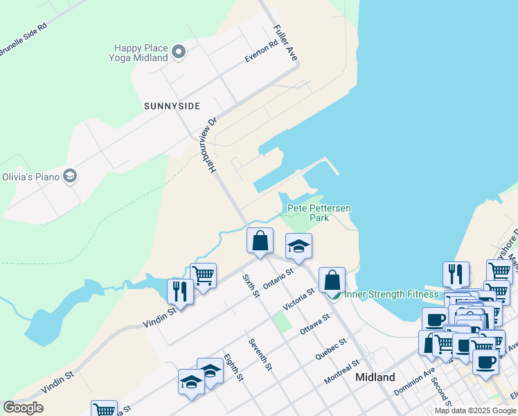 map of restaurants, bars, coffee shops, grocery stores, and more near 151 Marina Park Avenue in Midland