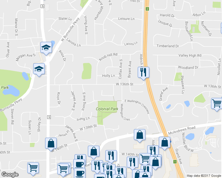 map of restaurants, bars, coffee shops, grocery stores, and more near 1104 Emerson Court in Burnsville