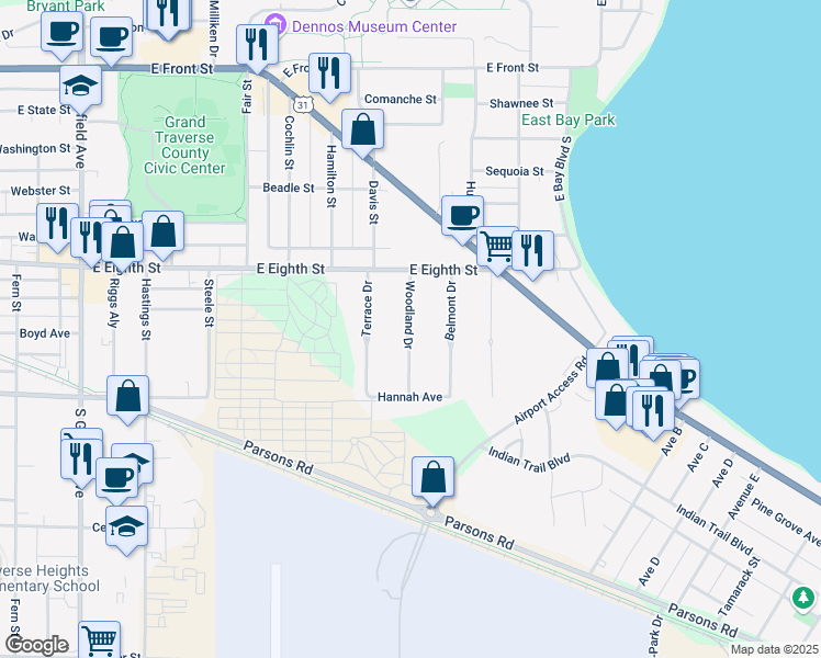map of restaurants, bars, coffee shops, grocery stores, and more near 698 Woodland Dr in Traverse City