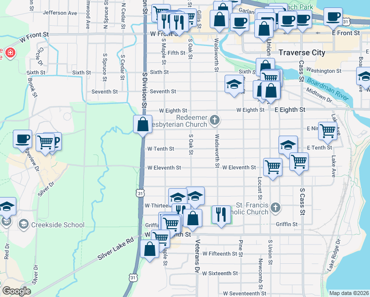 map of restaurants, bars, coffee shops, grocery stores, and more near 522 West Tenth Street in Traverse City